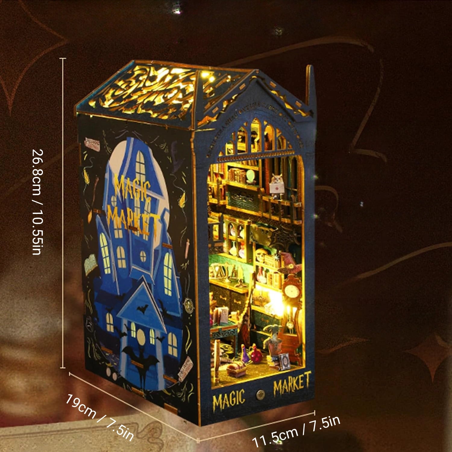 Dimensions of Magic Market book nook, highlighting its size and detailed craftsmanship. 