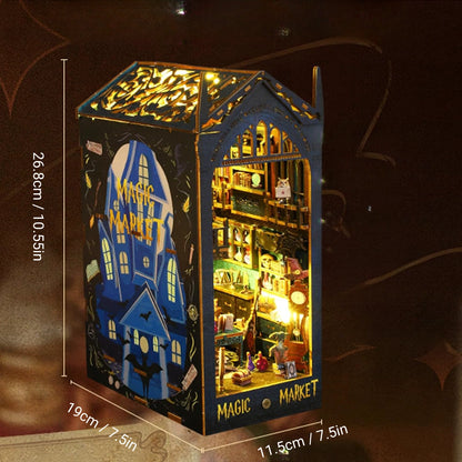Dimensions of Magic Market book nook, highlighting its size and detailed craftsmanship. 