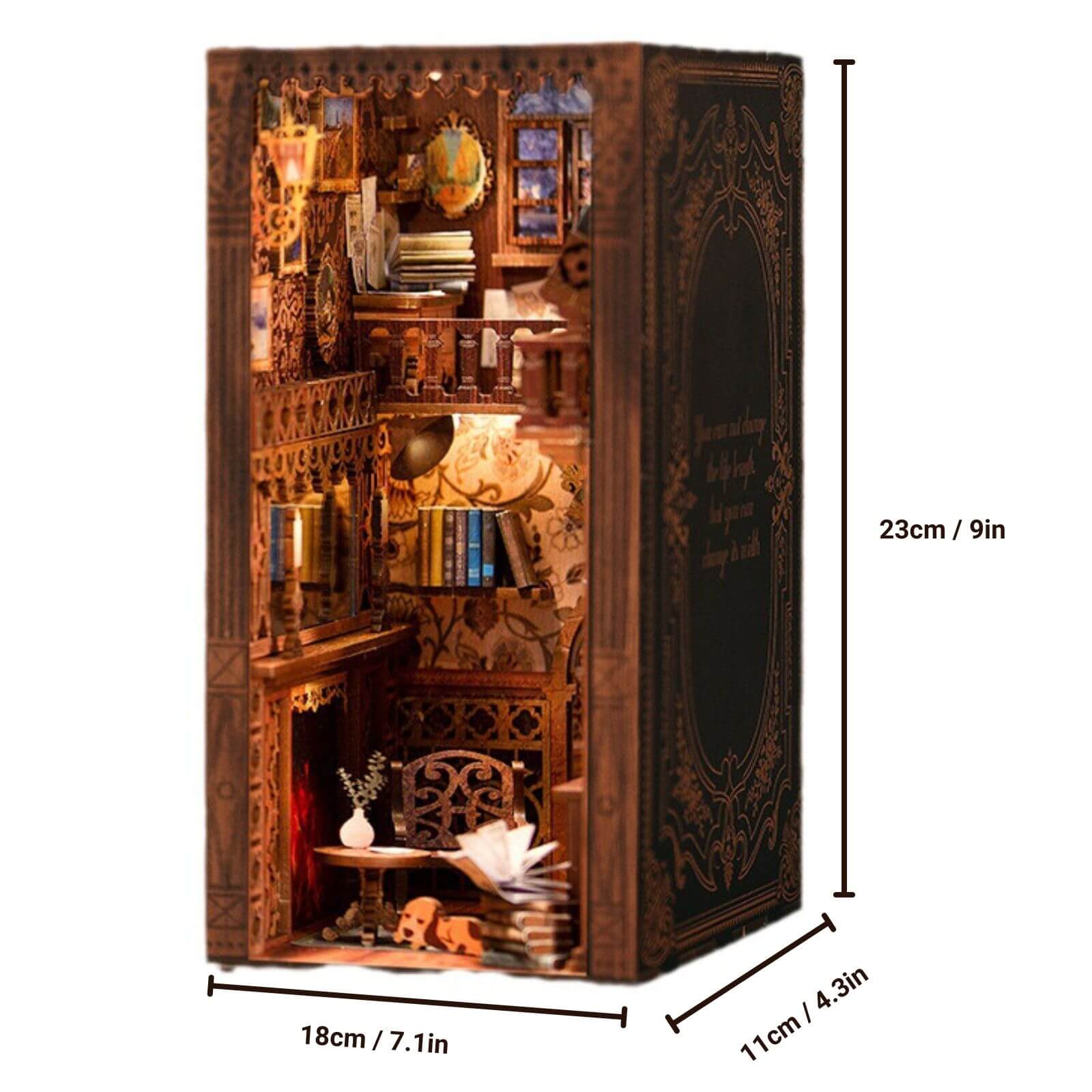 Dimensions display of the Eternal Bookstore, suitable for any bookshelf or tabletop