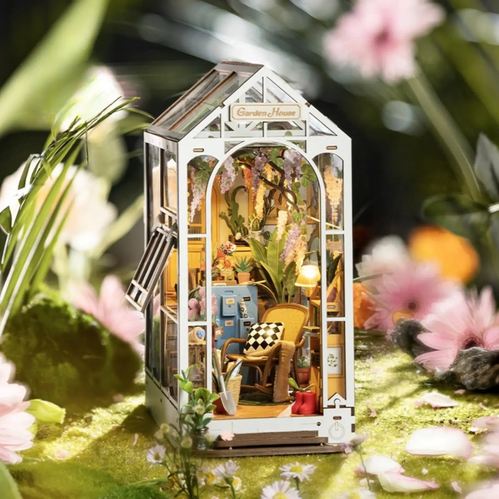Charming Garden House Book Nook surrounded by flowers