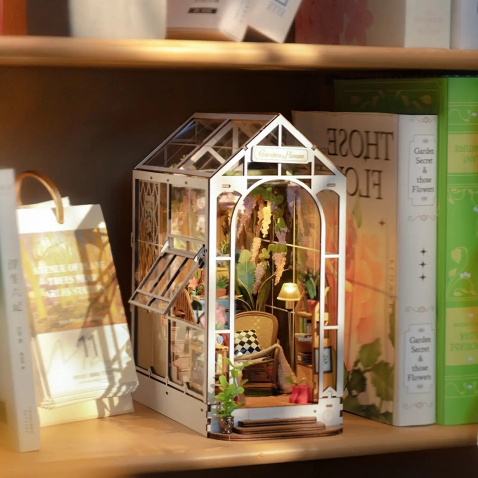 Garden House Book Nook displayed on a bookshelf