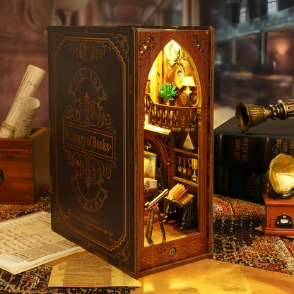 Miniature book nook with classical decorations, side view showing interior structure