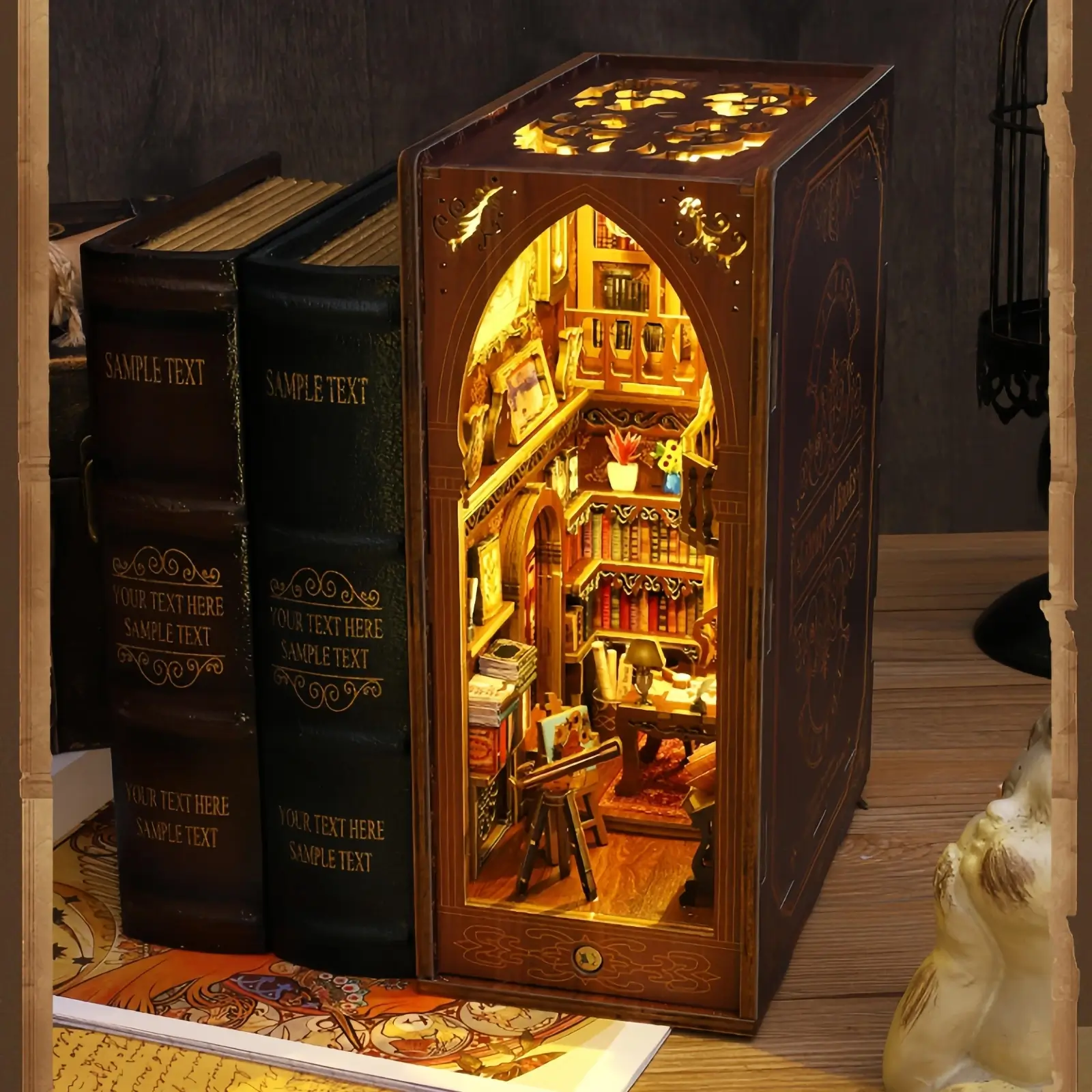 Exquisite miniature book nook showcasing books and interior decorations in detail