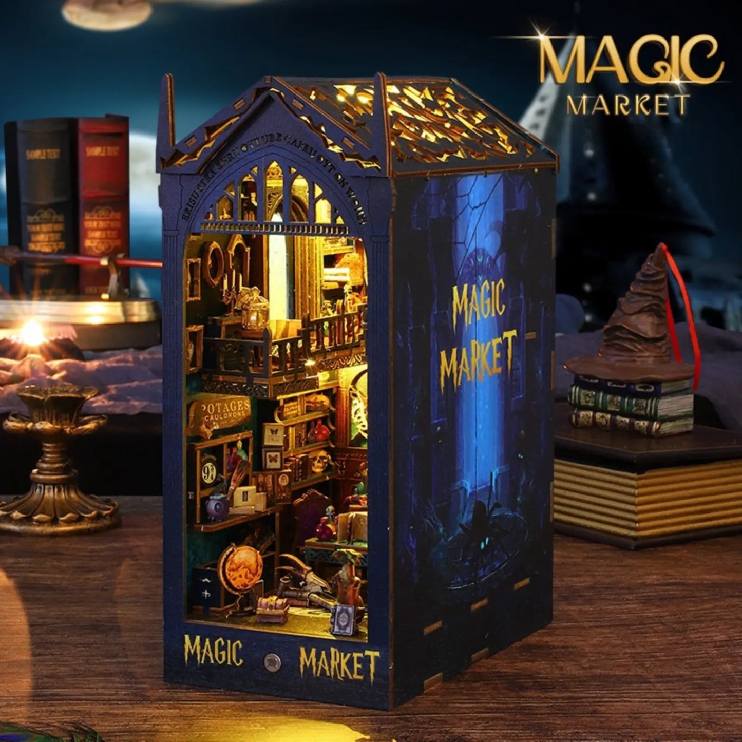 Side view of Magic Market book nook with glowing lights and magical items.