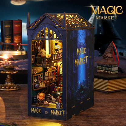 Side view of Magic Market book nook with glowing lights and magical items.