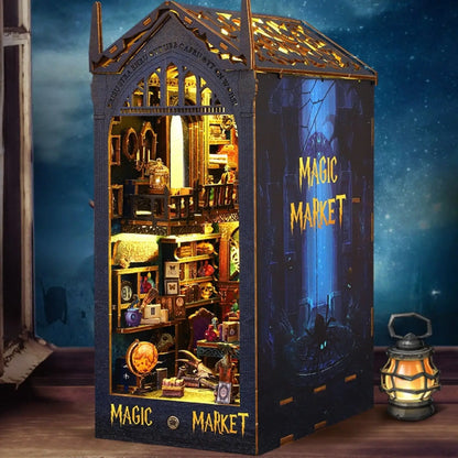 Magic Market book nook at night with a lantern beside, creating a mystical ambiance.