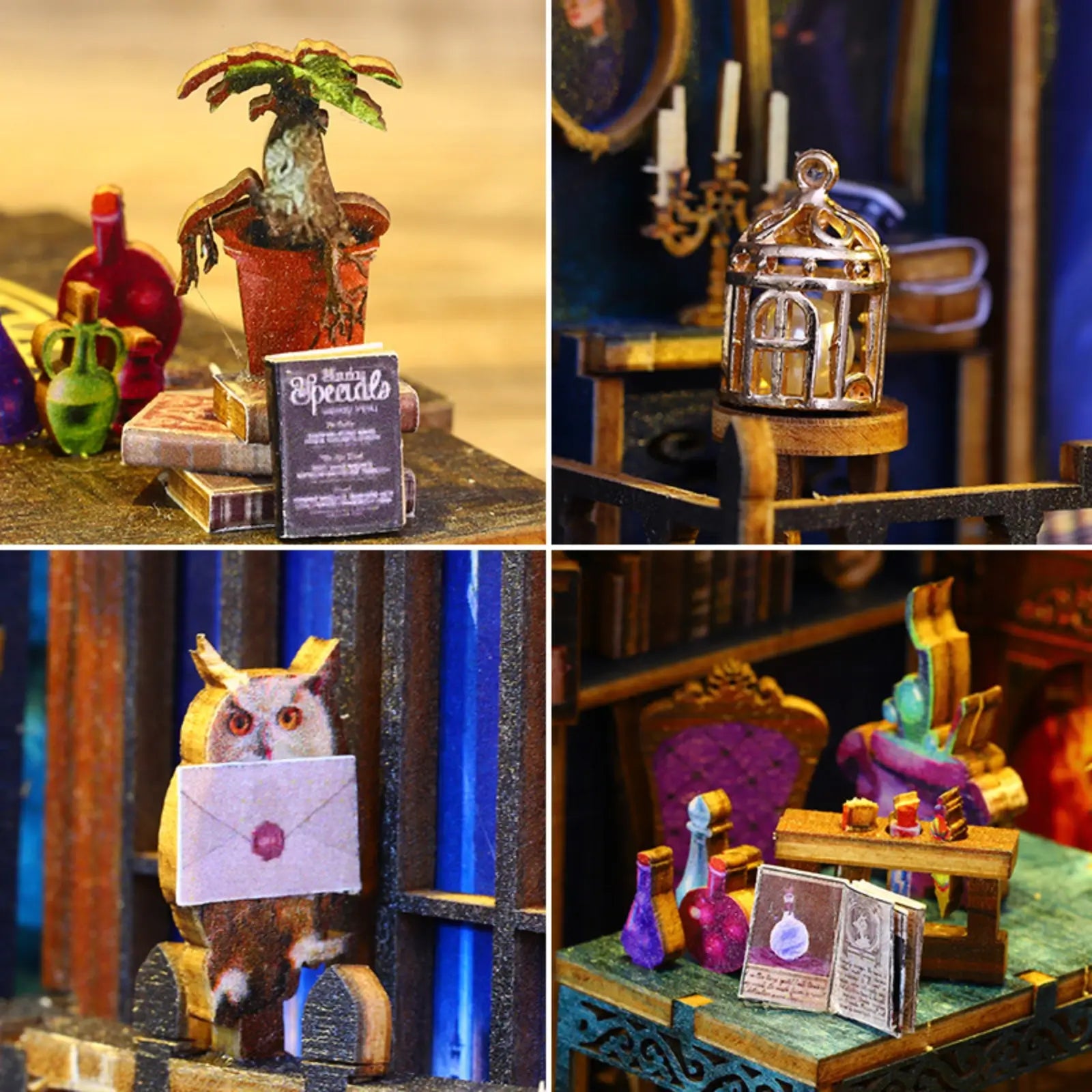 Close-up of intricate magical items inside the Magic Market book nook.