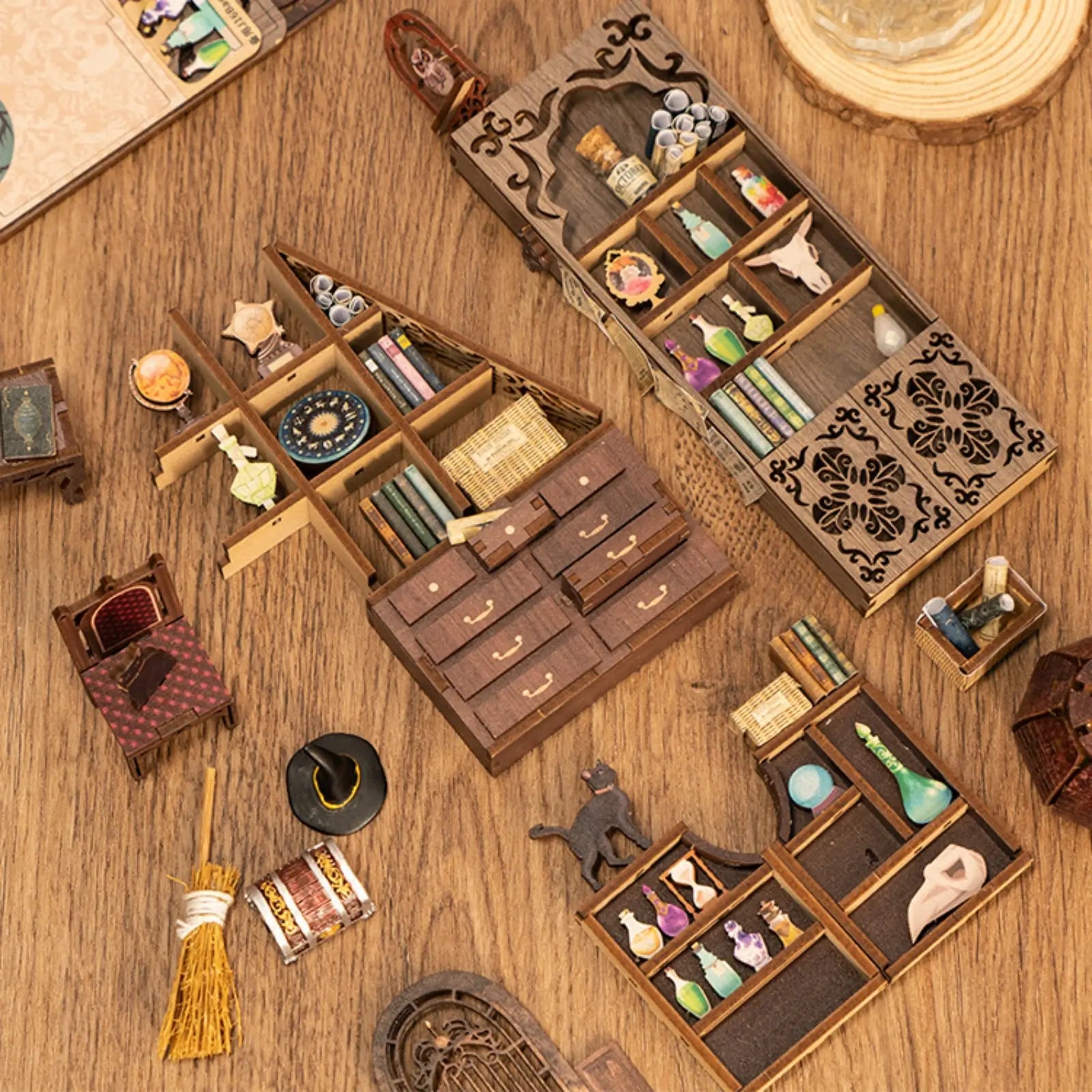 Miniature book nook of magical tools, showcasing exquisite details of shelves and potions