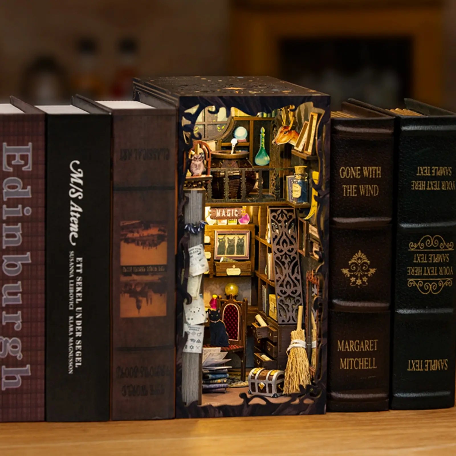 Bookshelf of the mysterious magician's miniature book nook, showcasing magical items and books