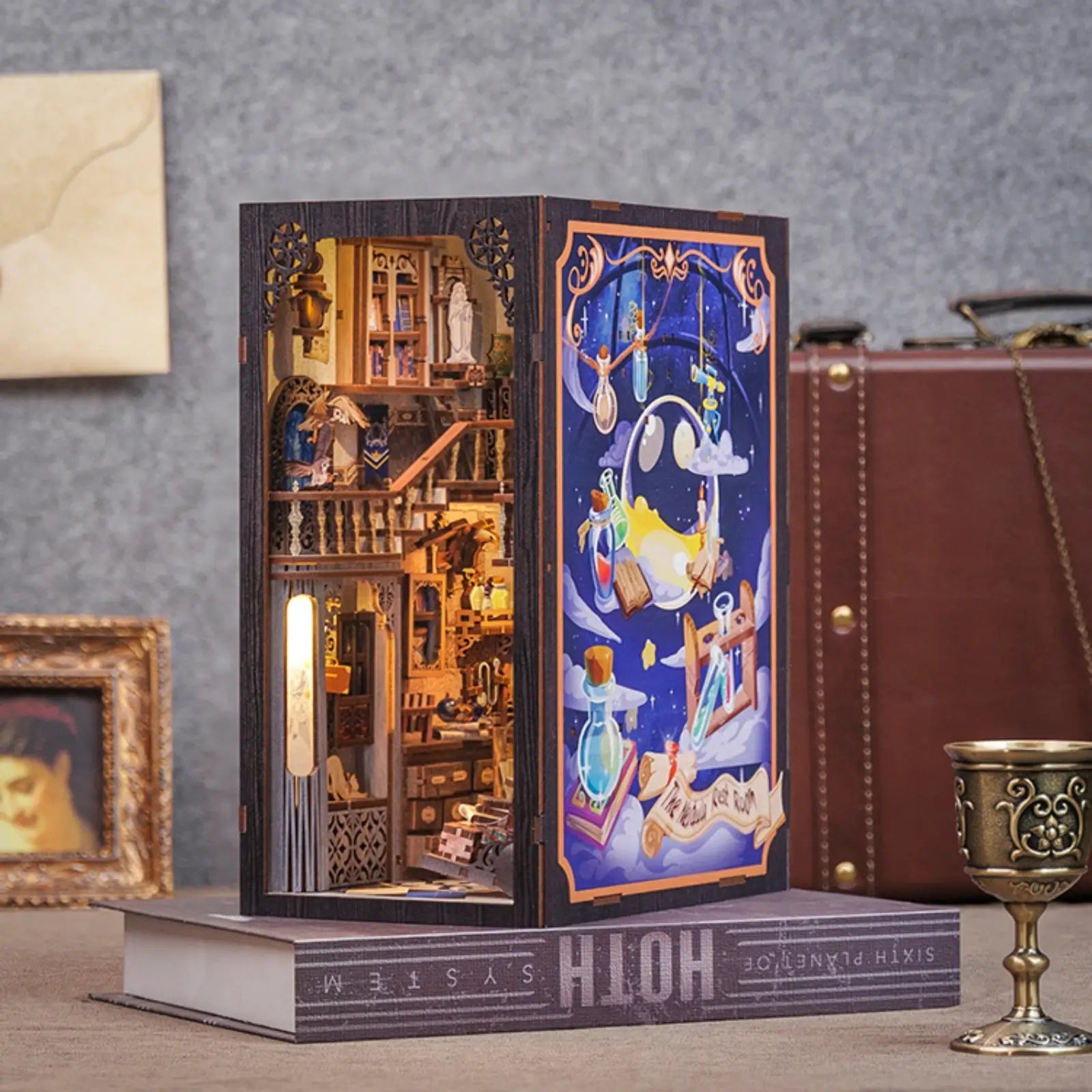 Fantasy world of the magic pharmacist's miniature book nook, showcasing fantastical scenes and magical details