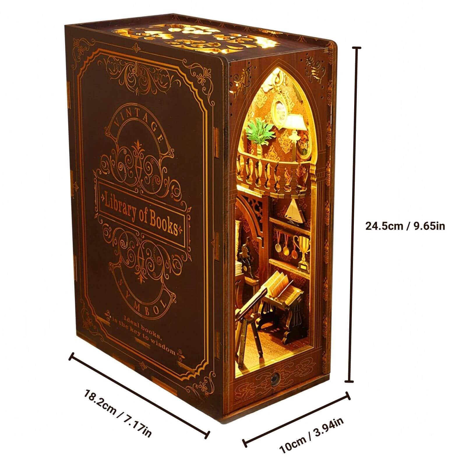 Miniature book nook showing product dimensions and interior detail